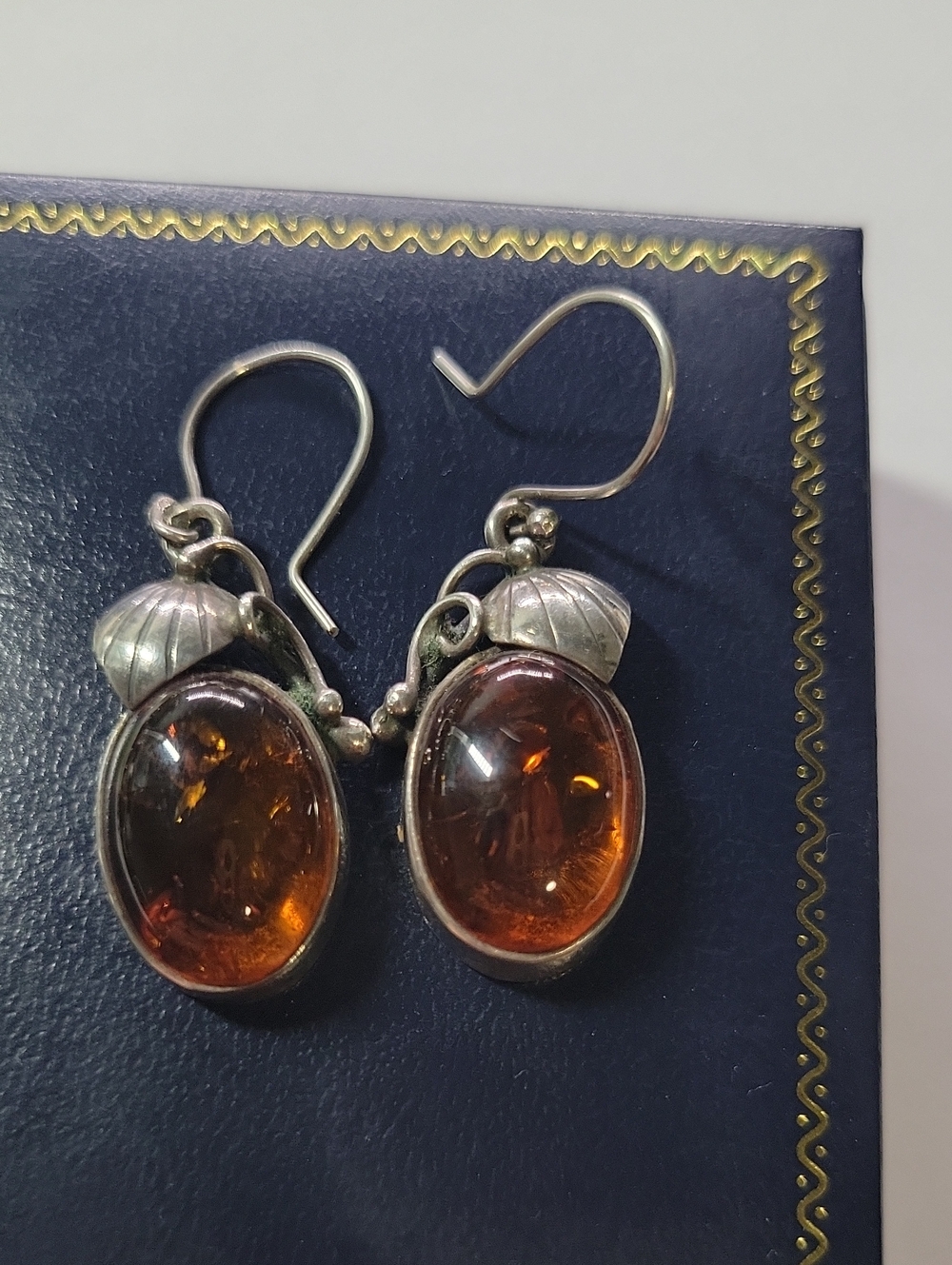 Vintage Sterling Silver Amber Drop Earrings - Rich Cognac Amber